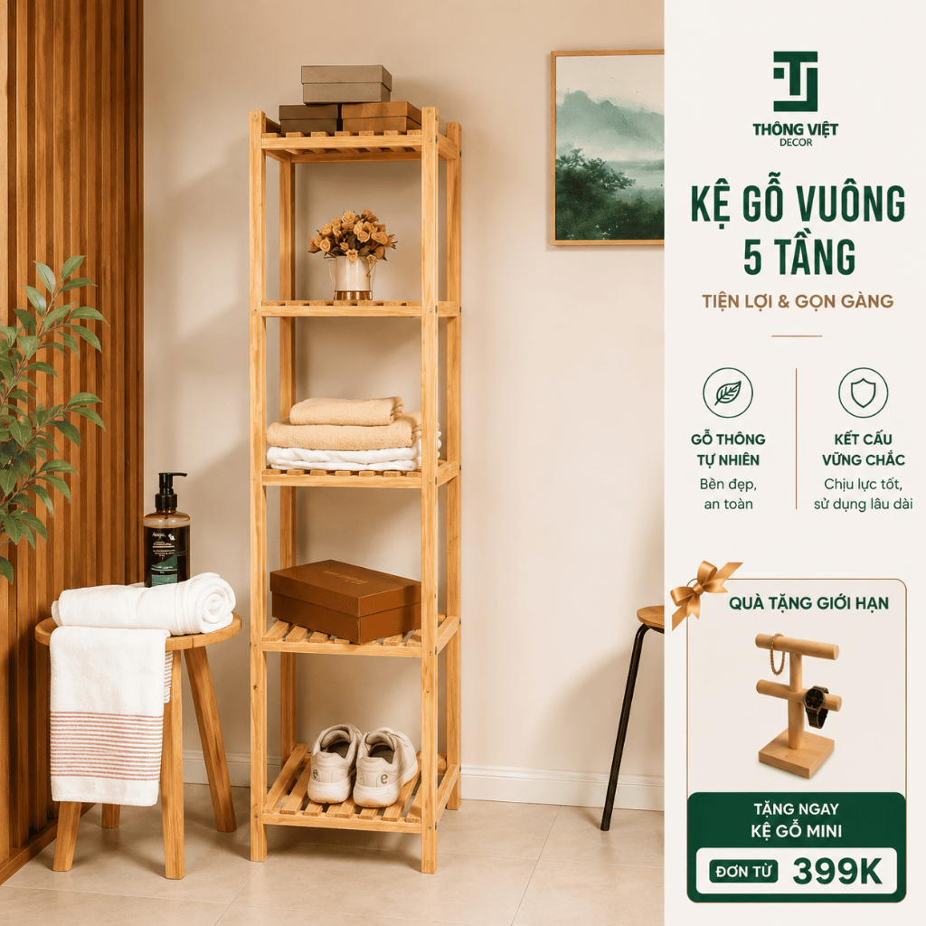 Kệ Gỗ Vuông 5 Tầng, Kệ Decor Đồ Đa Năng Để Đầu Giường, Phòng Khách, Phòng Ngủ Làm Bằng Gỗ Thông Tự Nhiên