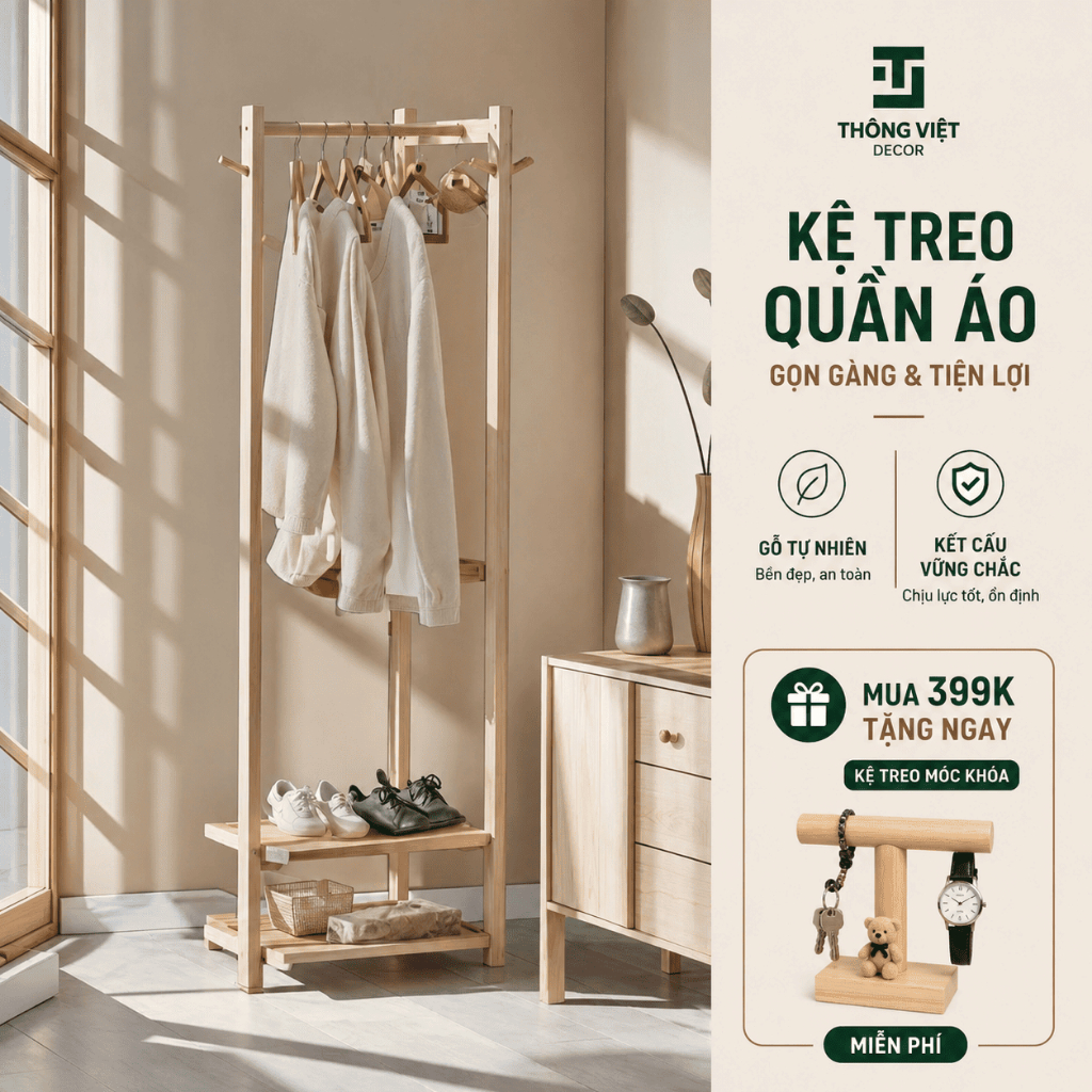 [TV-K001]Kệ Treo Quần Áo Gỗ Tự Nhiên Đa Năng Gọn Nhẹ, Gỗ Thông Tự Nhiên, Chắc Chắn Có Kệ Để Giày Túi Xách