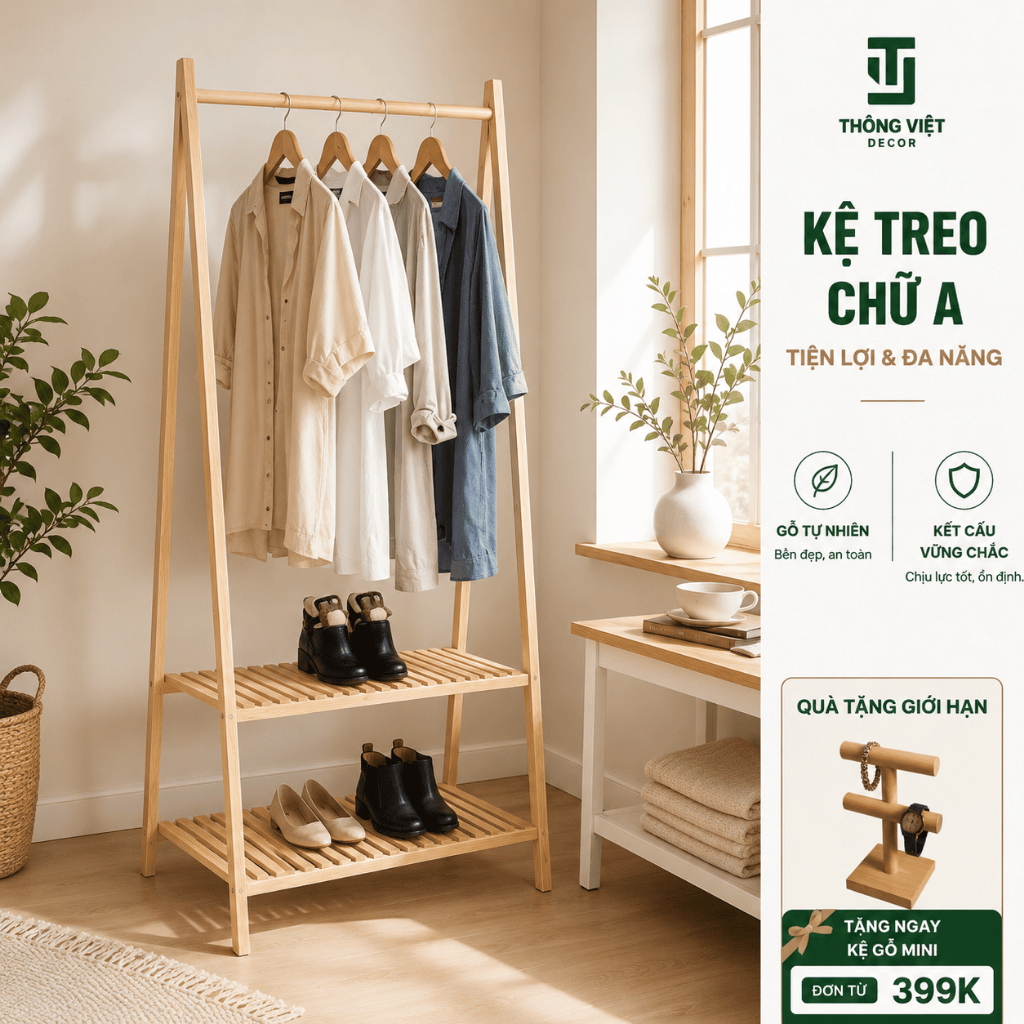 Kệ Gỗ Vát Treo Quần Áo, Tủ Giá Treo Đồ  2 Tầng Gỗ Thông Tự Nhiên Trang Trí Chống Mối Mọt Chịu Lực Tốt
