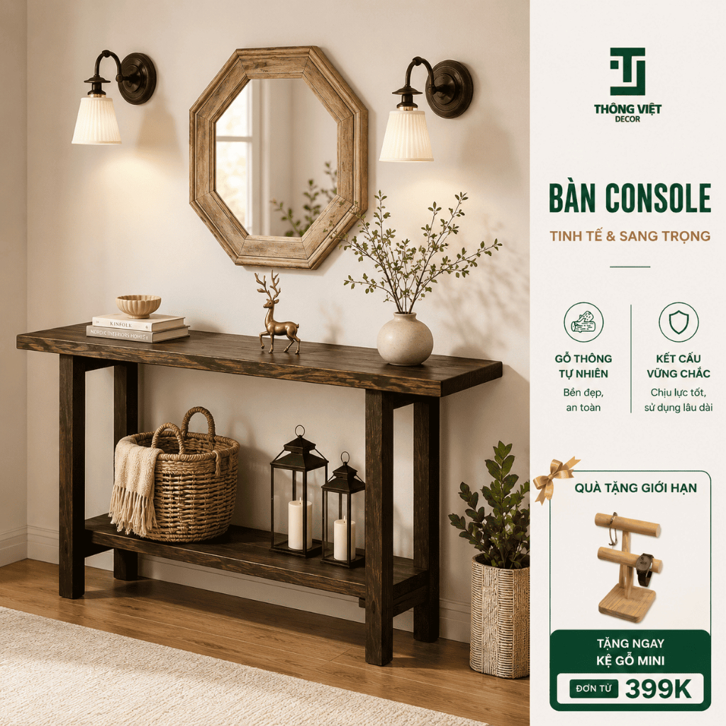 [TV-D008]Bàn Console Trang Trí Phòng Khách, Bàn Đặt Sảnh Kệ Trưng Bày Decor Phong Cách Tối Giản Gỗ Tự Nhiên