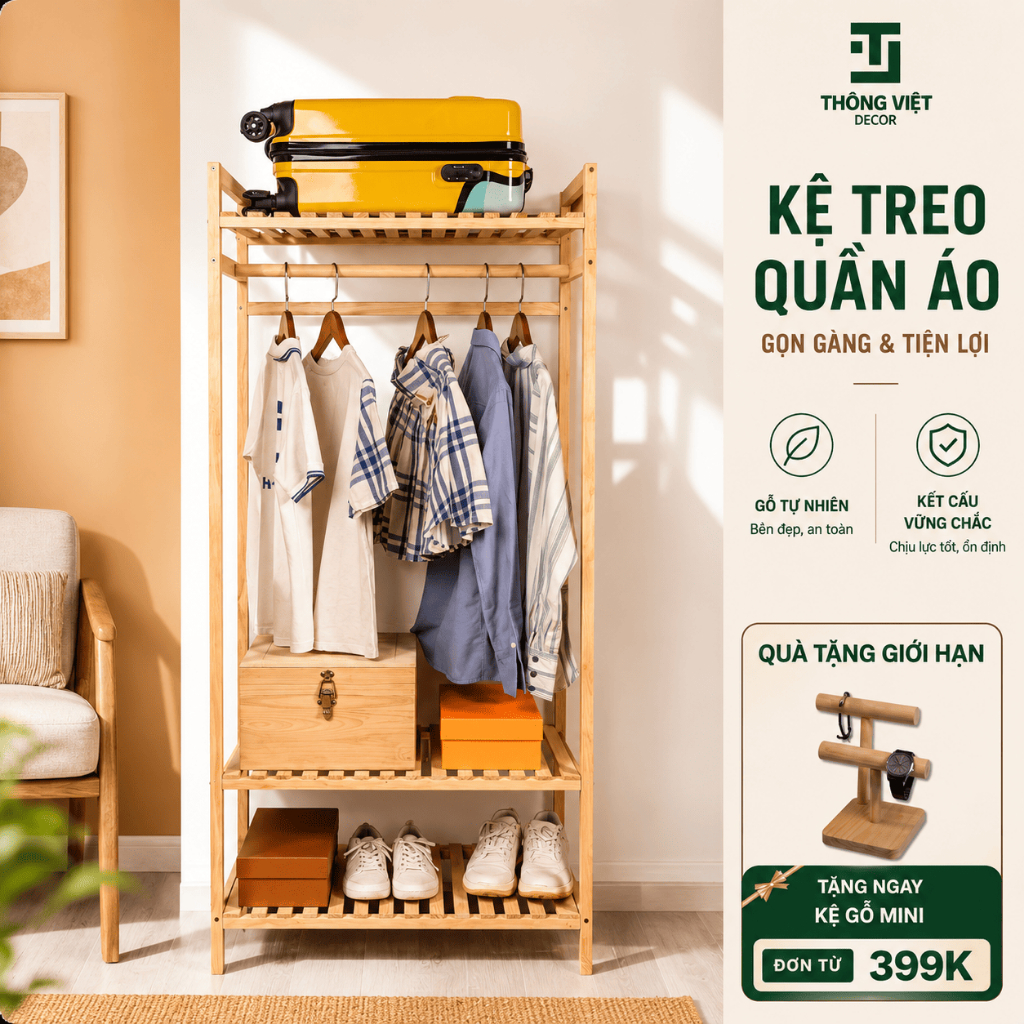 Kệ Vuông Treo Quần Áo, Tủ Treo Quần Áo Đa Năng 1 Khoang Gỗ Thông Tự Nhiên 2 Size To Nhỏ Chịu Lực Tốt
