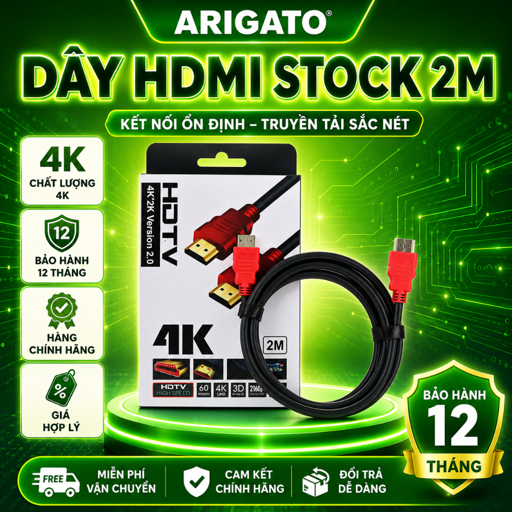 Dây HDMI 19+1 ARIGATO 2m Chuẩn HDMI 2.0 Hỗ Trợ 4Kx2K Kết Nối Laptop PC TV Máy Chiếu Giá Rẻ