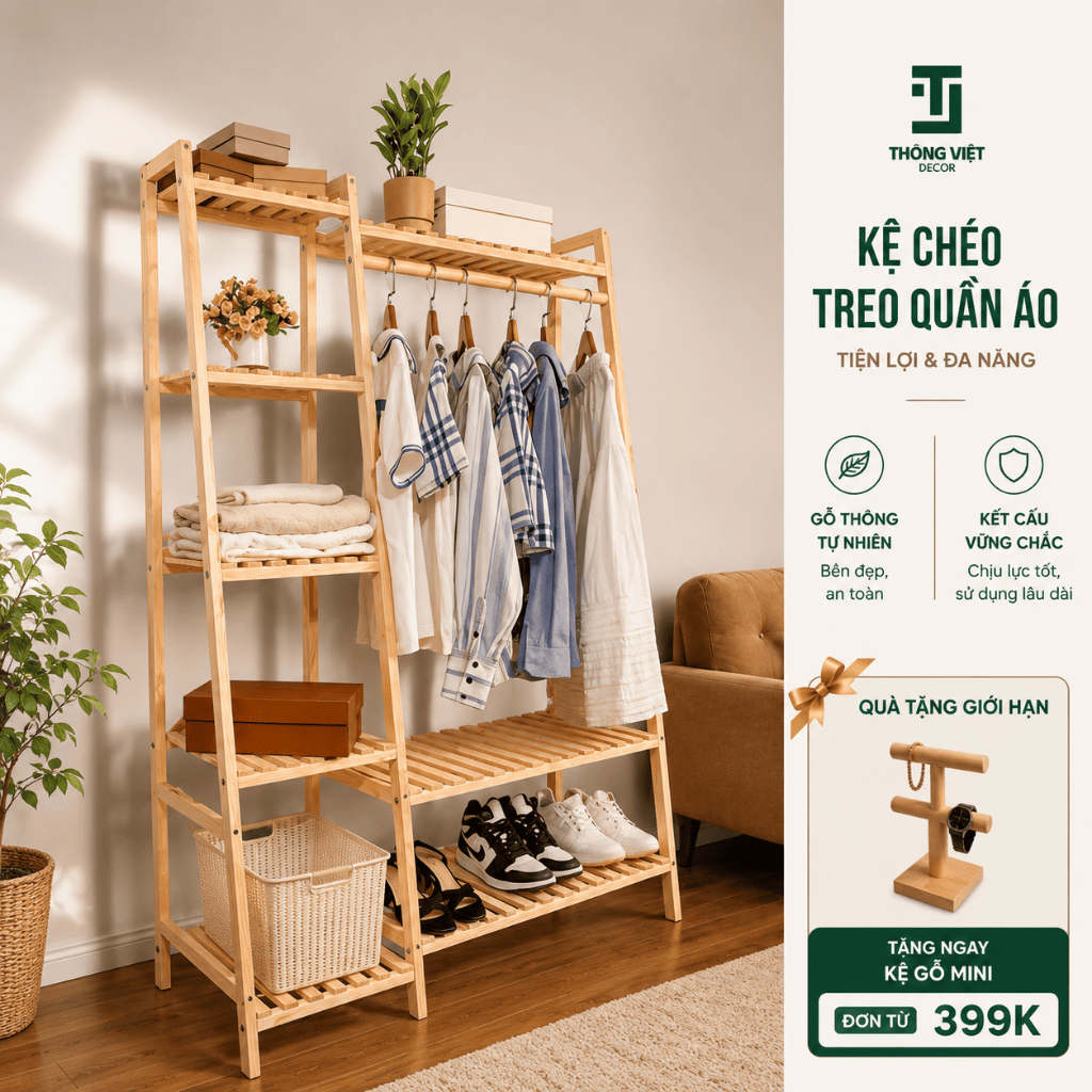 Kệ Chéo Treo Quần Áo, Tủ Treo Đồ, Giá Treo Quần Áo Gỗ Thông Nhập Khẩu 2 Khoang Size Lớn Nhỏ