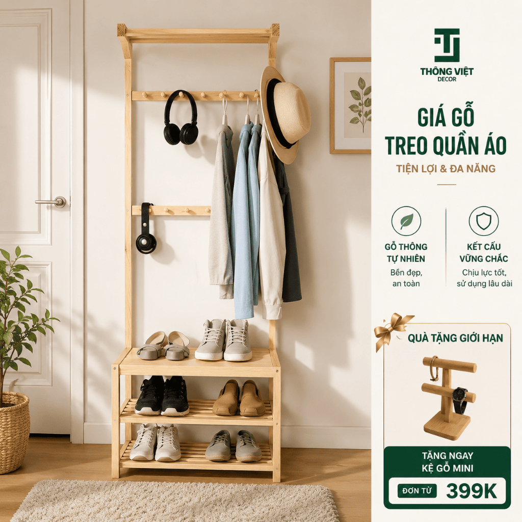 [TV-K002] Giá Gỗ Treo Quần Áo, Kệ Gỗ Kèm Kệ Để Giày Dép Decor, Kệ Treo Đồ Trang Trí Phòng Ngủ Phòng Khách