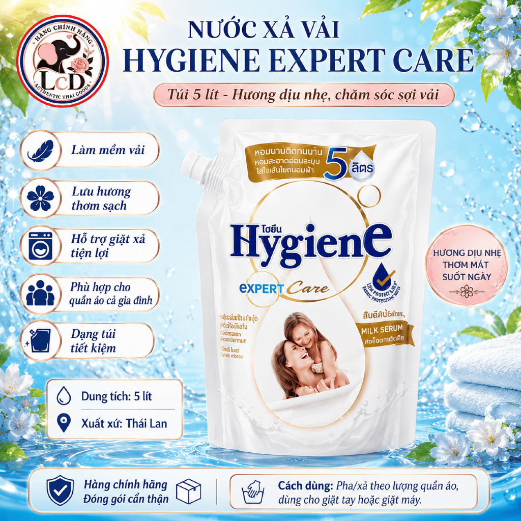 Nước xả vải Hygiene [TRẮNG-SỮA EM BÉ] Expert Care 1.1L - Mềm vải vượt trội - An toàn lành tính - LcD STORE