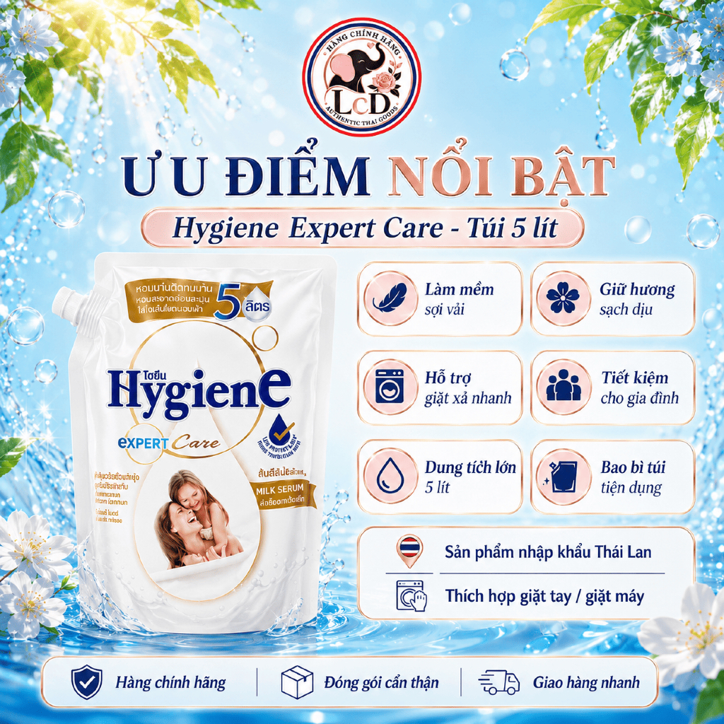 Nước xả vải Hygiene [TRẮNG-SỮA EM BÉ] Expert Care 1.1L - Mềm vải vượt trội - An toàn lành tính - LcD STORE