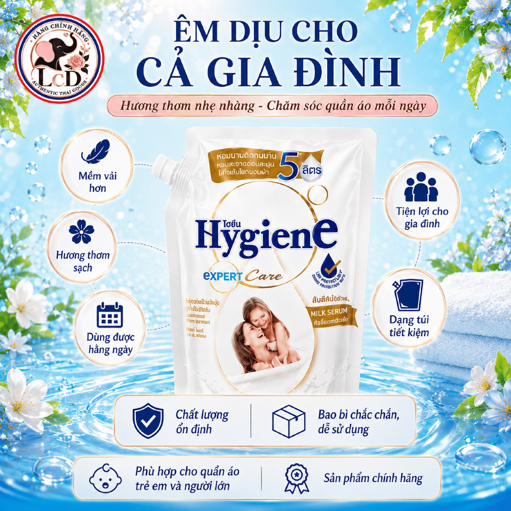 Nước xả vải Hygiene [TRẮNG-SỮA EM BÉ] Expert Care 1.1L - Mềm vải vượt trội - An toàn lành tính - LcD STORE