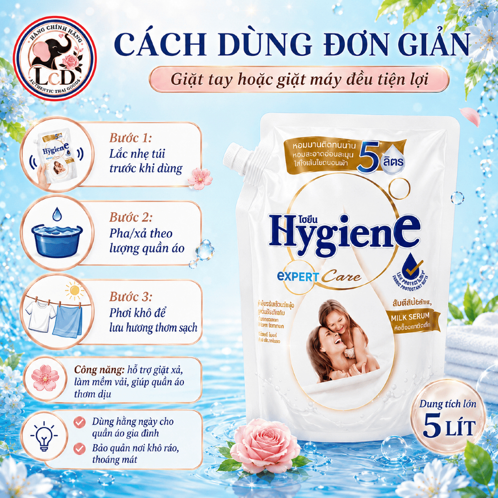 Nước xả vải Hygiene [TRẮNG-SỮA EM BÉ] Expert Care 1.1L - Mềm vải vượt trội - An toàn lành tính - LcD STORE