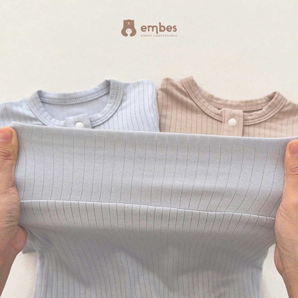 Bộ Sơ Sinh Embes, Bộ Dài Tay Trơn Thêu Họa Tiết Phối Khuy Bấm Chất Rayon Cho Bé Sơ SInh Từ 0-9Tháng