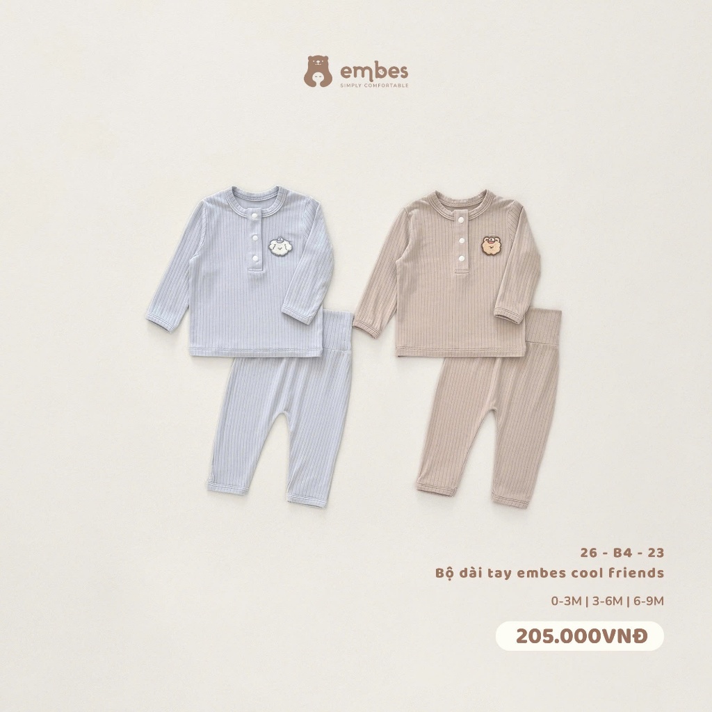 Bộ Sơ Sinh Embes, Bộ Dài Tay Trơn Thêu Họa Tiết Phối Khuy Bấm Chất Rayon Cho Bé Sơ SInh Từ 0-9Tháng