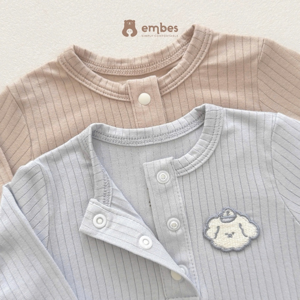 Bộ Sơ Sinh Embes, Bộ Dài Tay Trơn Thêu Họa Tiết Phối Khuy Bấm Chất Rayon Cho Bé Sơ SInh Từ 0-9Tháng