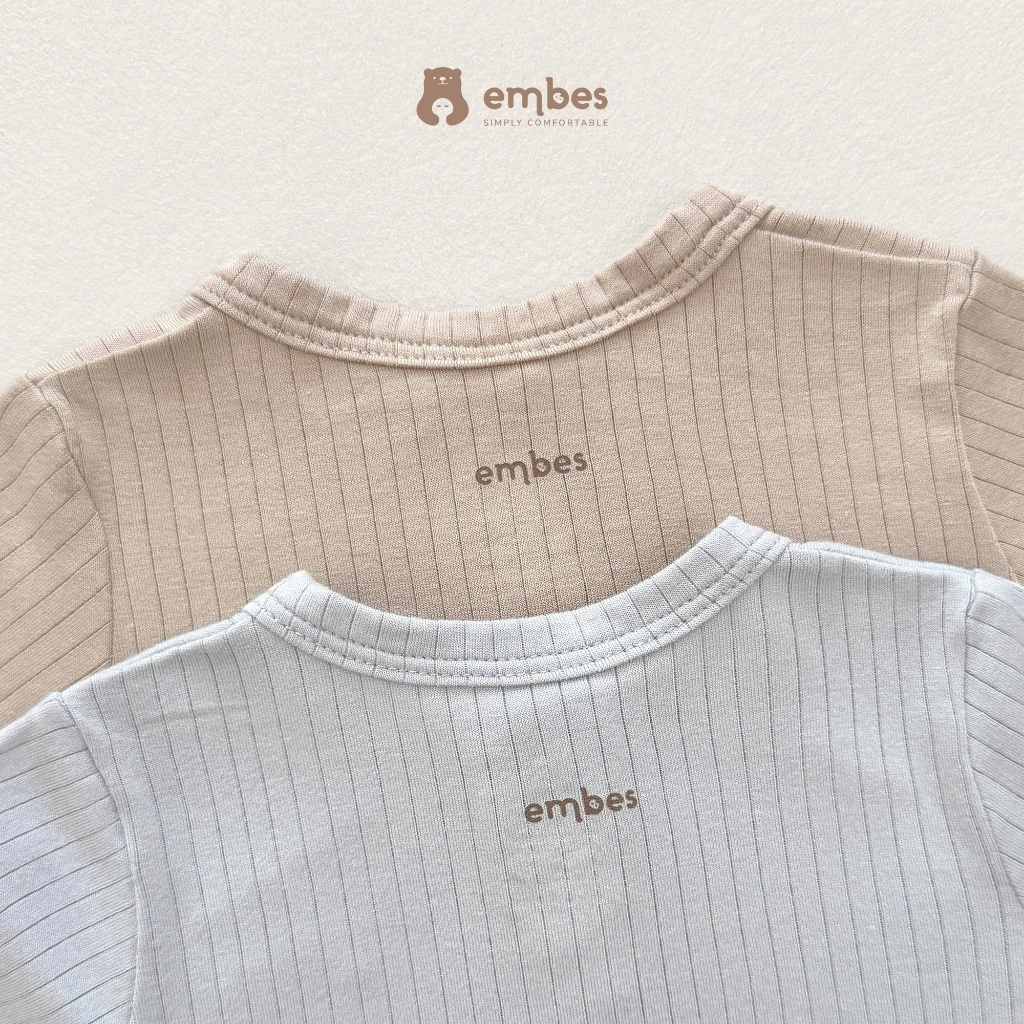 Bộ Sơ Sinh Embes, Bộ Dài Tay Trơn Thêu Họa Tiết Phối Khuy Bấm Chất Rayon Cho Bé Sơ SInh Từ 0-9Tháng