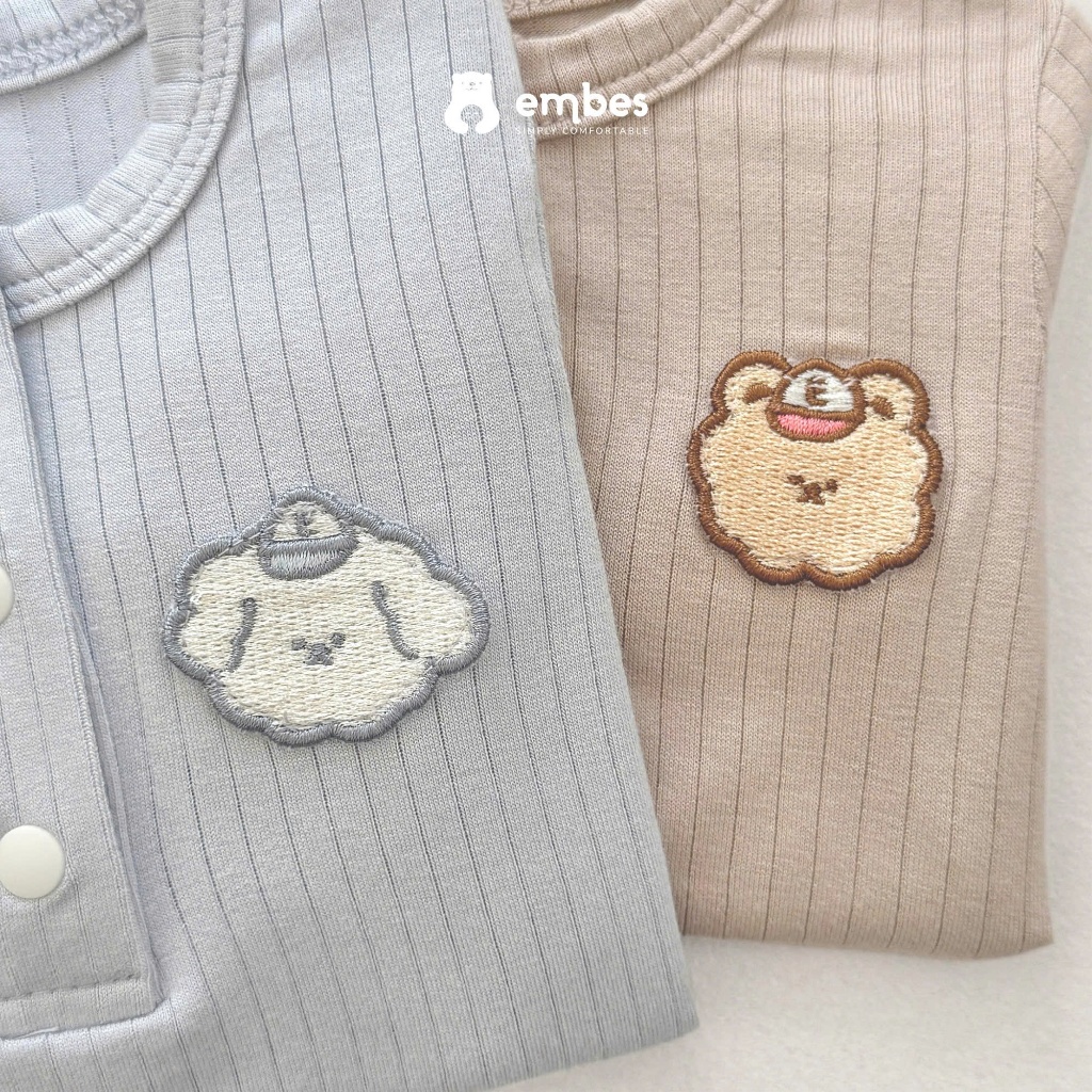 Bộ Sơ Sinh Embes, Bộ Dài Tay Trơn Thêu Họa Tiết Phối Khuy Bấm Chất Rayon Cho Bé Sơ SInh Từ 0-9Tháng