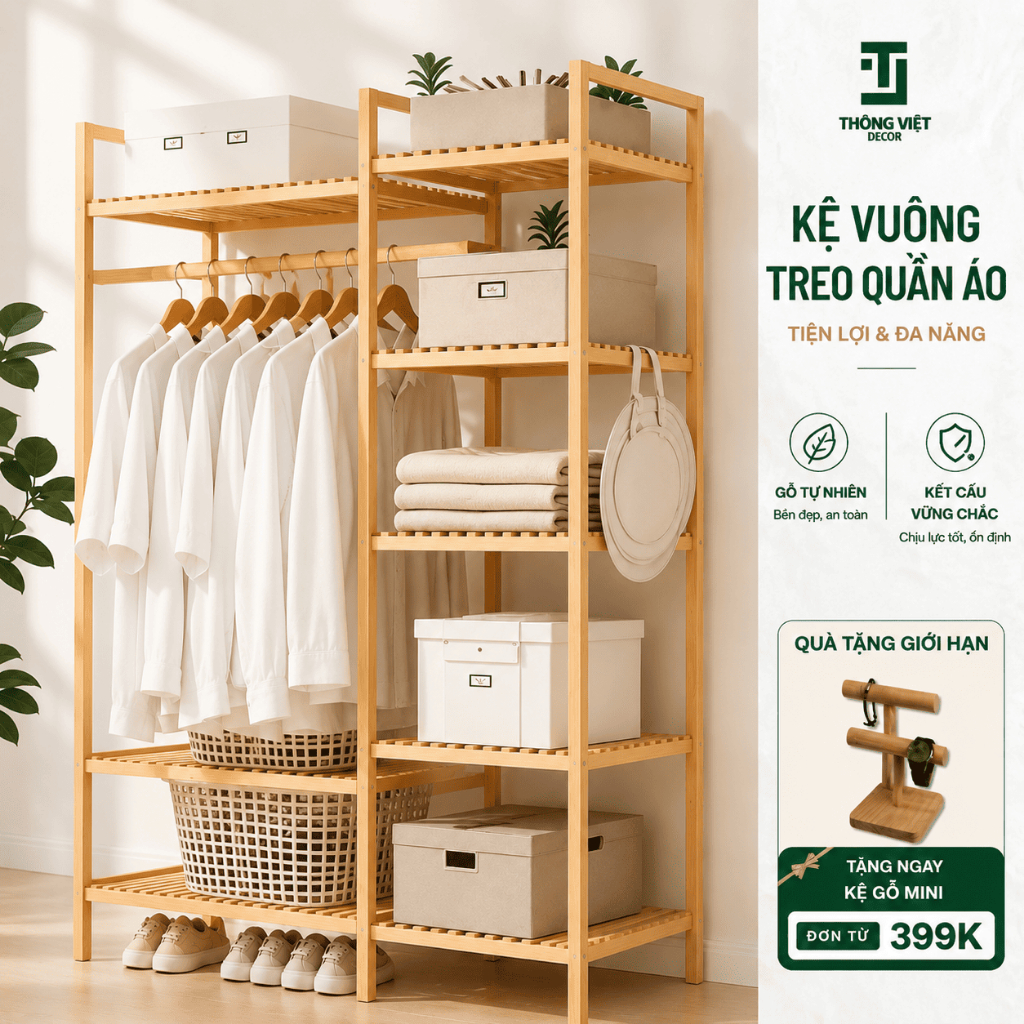 Kệ Vuông Treo Quần Áo, Giá Treo Đựng Đồ Gỗ Thông Tự Nhiên Chắc Chắn Nhiều Tầng Đa Năng Có Móc Treo