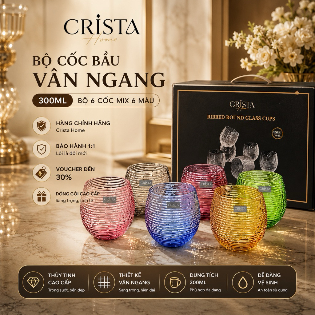 Bộ 6 Cốc Thủy Tinh Dáng Bầu Vân Ngang 300ML Crista Home Việt Nam Chính Hãng – Mã 60254
