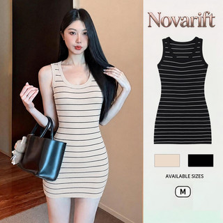 Nova-Đầm dệt kim kẻ sọc tương phản dành cho nữ, không tay, ôm sát, cổ chữ U, dáng ngắn, thích hợp cho