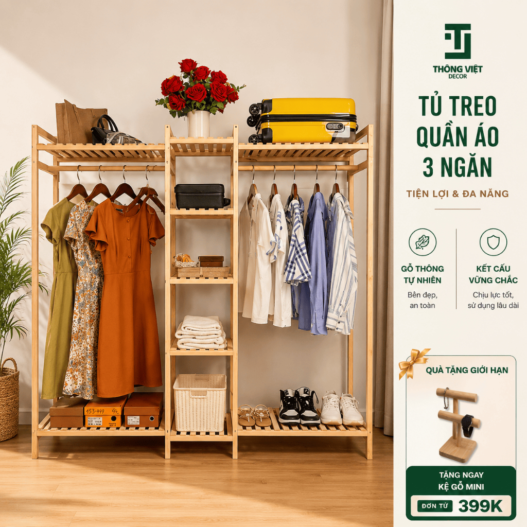 Tủ Treo Quần Áo Giá Treo 3 Ngăn Gỗ Thông Tự Nhiên, Kệ Gỗ Vuông Treo Đồ Chắc Chắn Chịu Lực Tốt
