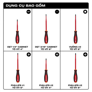 Tua vít cách điện 1000V, bộ 6 cây 48-22-2206 Milwaukee hàng chính hãng