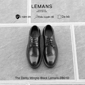 Giày da bò Derby Wingtip Black LEMANS DB02D, Giày tây nam Công Sở Cao Cấp, giày derby công sở BH 24T