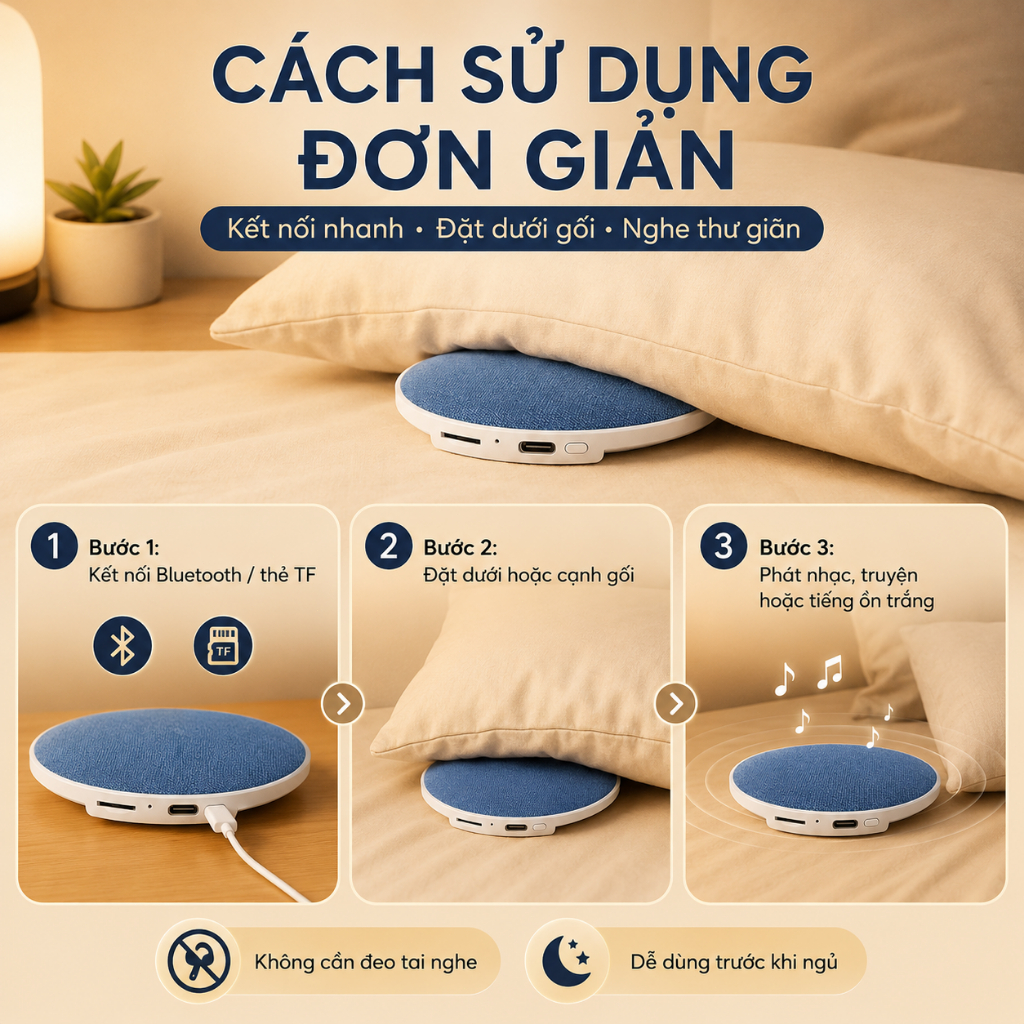 Loa Bluetooth Đặt Dưới Gối Siêu Mỏng｜Nghe Nhạc Không Cần Đeo Tai Nghe｜Hỗ Trợ Thẻ TF｜Sạc Type-C