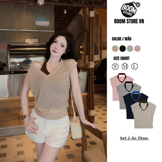 (COMBO 2 ÁO) Áo Thun Nữ Cổ Tim  BOOM STORE VN , Áo Thun Cổ Tim Mix Áo Yêm Bên Trong