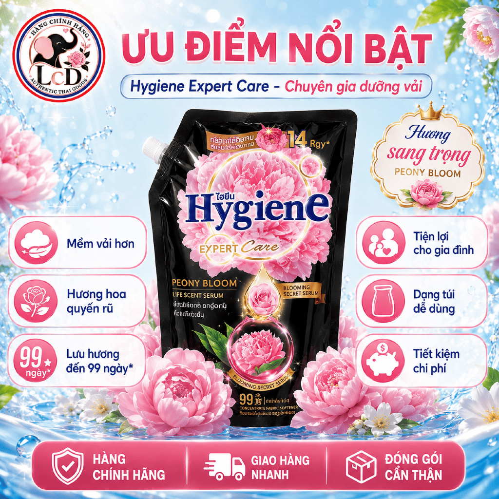 Nước xả vải Hygiene [ĐEN-HOA MẪU ĐƠN] Expert Care 1.1L - Mềm vải vượt trội - Quyến rũ sang trọng - LCD STORE