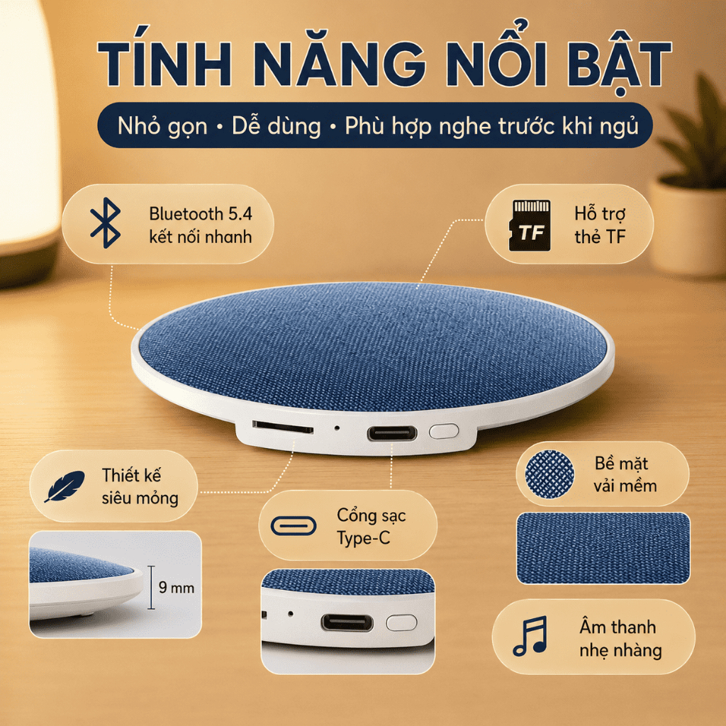 Loa Bluetooth Đặt Dưới Gối Siêu Mỏng｜Nghe Nhạc Không Cần Đeo Tai Nghe｜Hỗ Trợ Thẻ TF｜Sạc Type-C