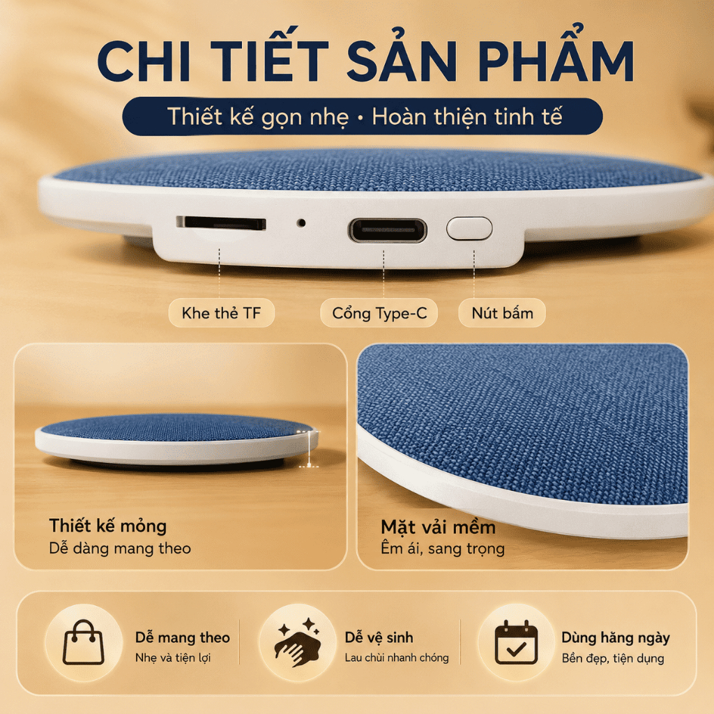 Loa Bluetooth Đặt Dưới Gối Siêu Mỏng｜Nghe Nhạc Không Cần Đeo Tai Nghe｜Hỗ Trợ Thẻ TF｜Sạc Type-C