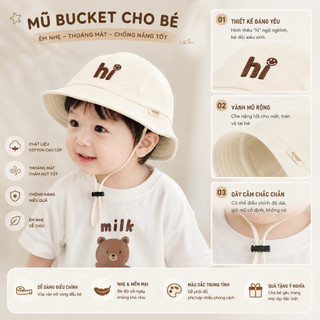 Mũ Bucket Cho Bé 2-6 Tuổi Thêu Chữ Hi, Mũ Chống Nắng Trẻ Em Có Dây Quai Điều Chỉnh Cho Bé 2-6 Tuổi