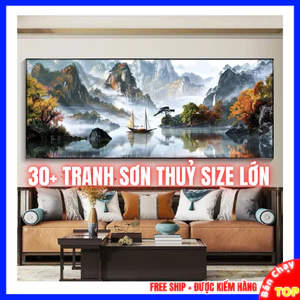 Tranh Phong Cảnh Thác Nước Núi Rừng Sơn Thuỷ Treo Phòng Khách Tráng Gương Cao Cấp - Tranh Nhật Chiếu Kim Sơn Khổ Lớn