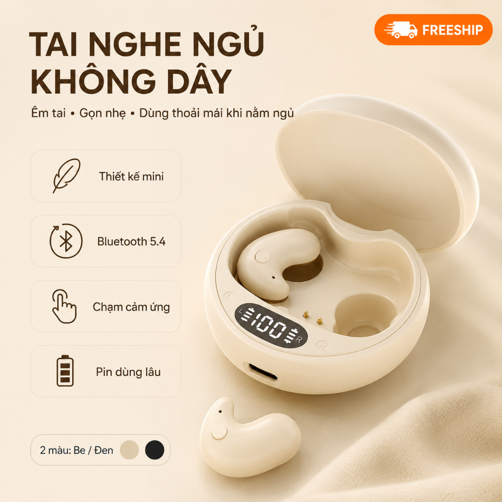 Tai Nghe Ngủ Bluetooth 5.4 Không Dây Mini Ôm Tai｜Hộp Sạc Hiển Thị Pin｜Cảm Ứng｜Sạc Type-C