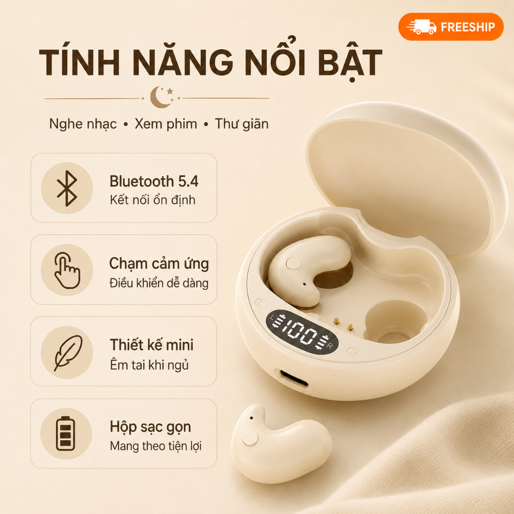 Tai Nghe Ngủ Bluetooth 5.4 Không Dây Mini Ôm Tai｜Hộp Sạc Hiển Thị Pin｜Cảm Ứng｜Sạc Type-C