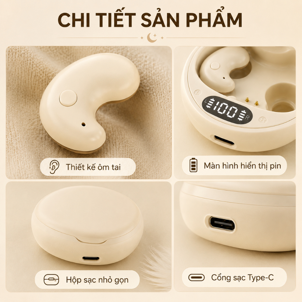 Tai Nghe Ngủ Bluetooth 5.4 Không Dây Mini Ôm Tai｜Hộp Sạc Hiển Thị Pin｜Cảm Ứng｜Sạc Type-C