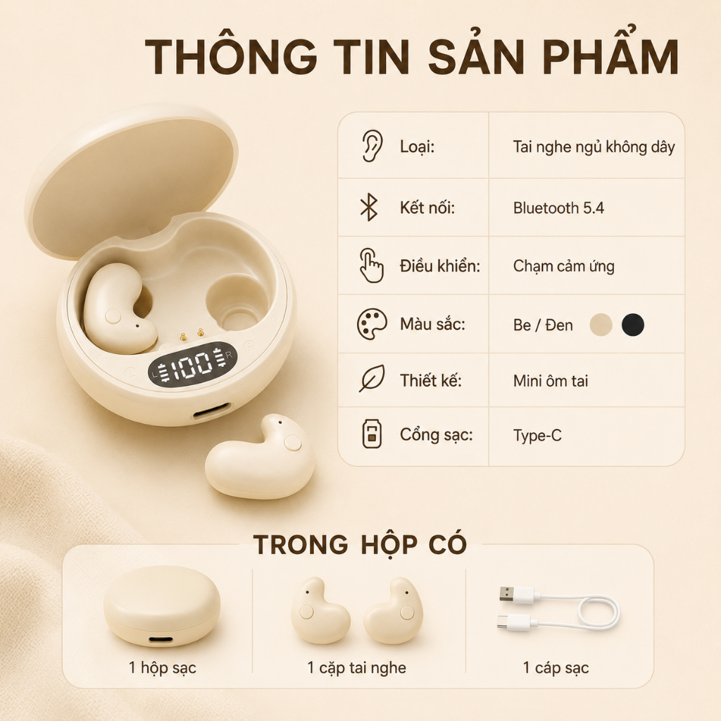 Tai Nghe Ngủ Bluetooth 5.4 Không Dây Mini Ôm Tai｜Hộp Sạc Hiển Thị Pin｜Cảm Ứng｜Sạc Type-C