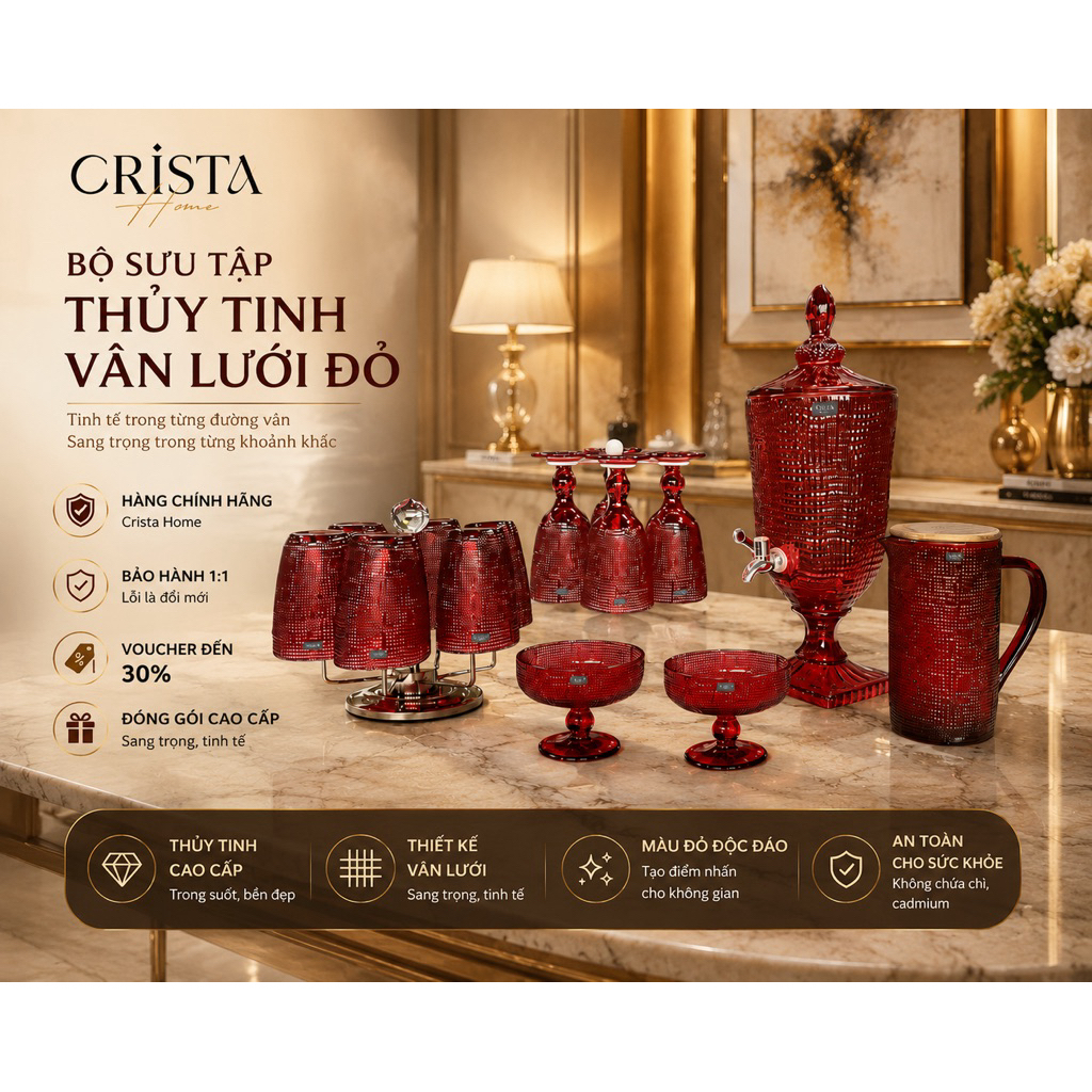 BỘ SƯU TẬP LY, CỐC, BÌNH THUỶ TINH VÂN LƯỚI ĐỎ RUBY CRISTA HOME CAO CẤP