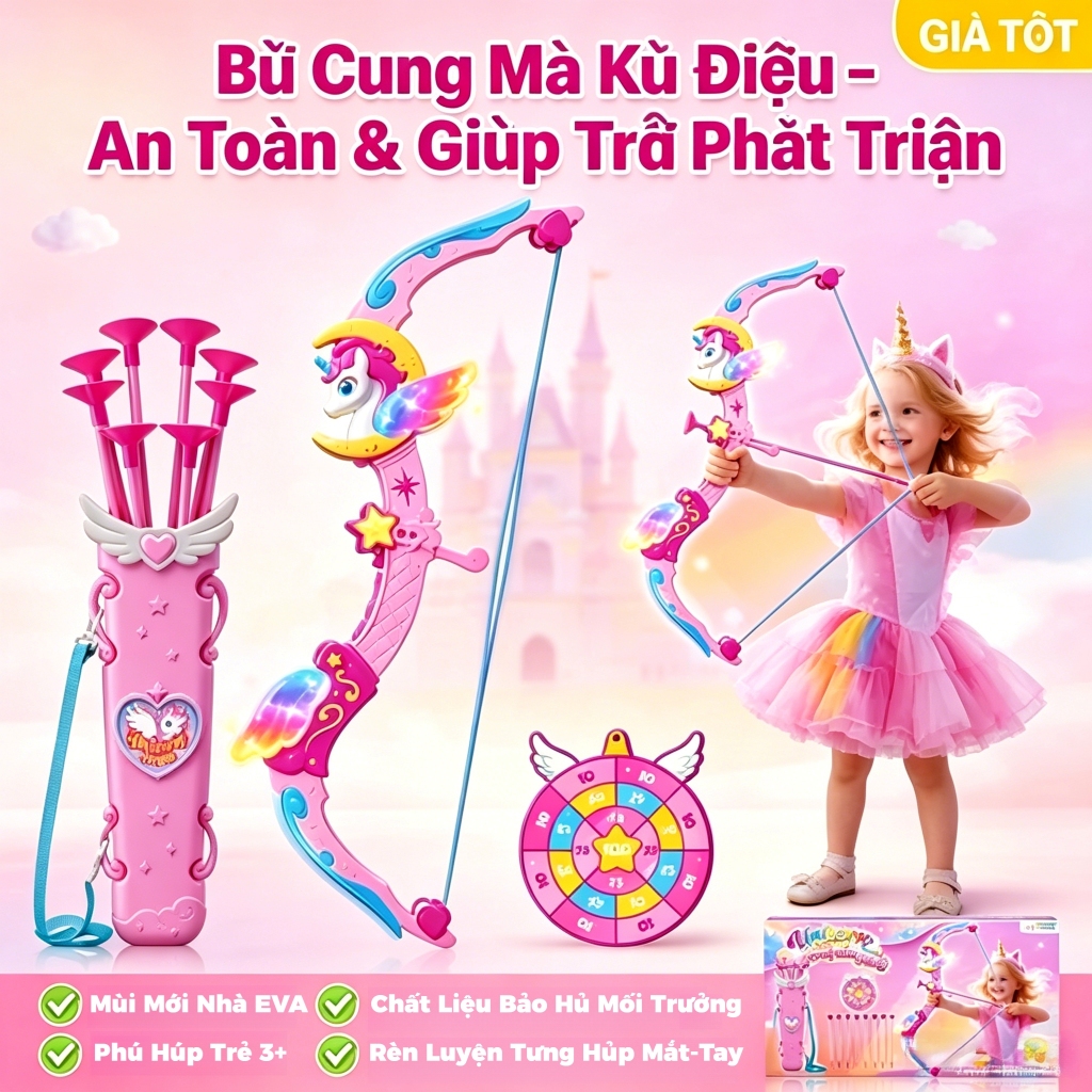 Cung tên kỳ lân quà tặng , phát sáng nhiều màu, cho bé gái mơ mộng, 1 bia hồng tâm 1 cung tên 8 mũi tên 1 hộp đeo vai