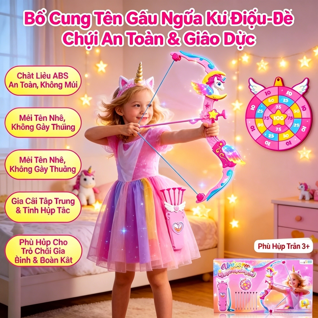 Cung tên kỳ lân quà tặng , phát sáng nhiều màu, cho bé gái mơ mộng, 1 bia hồng tâm 1 cung tên 8 mũi tên 1 hộp đeo vai