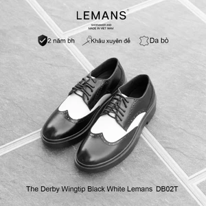 Giày nam da bò Derby Wingtip LEMANS Black White, tăng cao 4cm đế thơm BH 24T