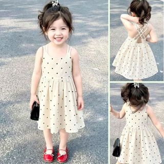 Váy Cho Bé Gái, Váy Đan Dây Hở Lưng Cho Bé Họa Tiết Chấm Bi Chất Liệu Cotton Thoáng Mát