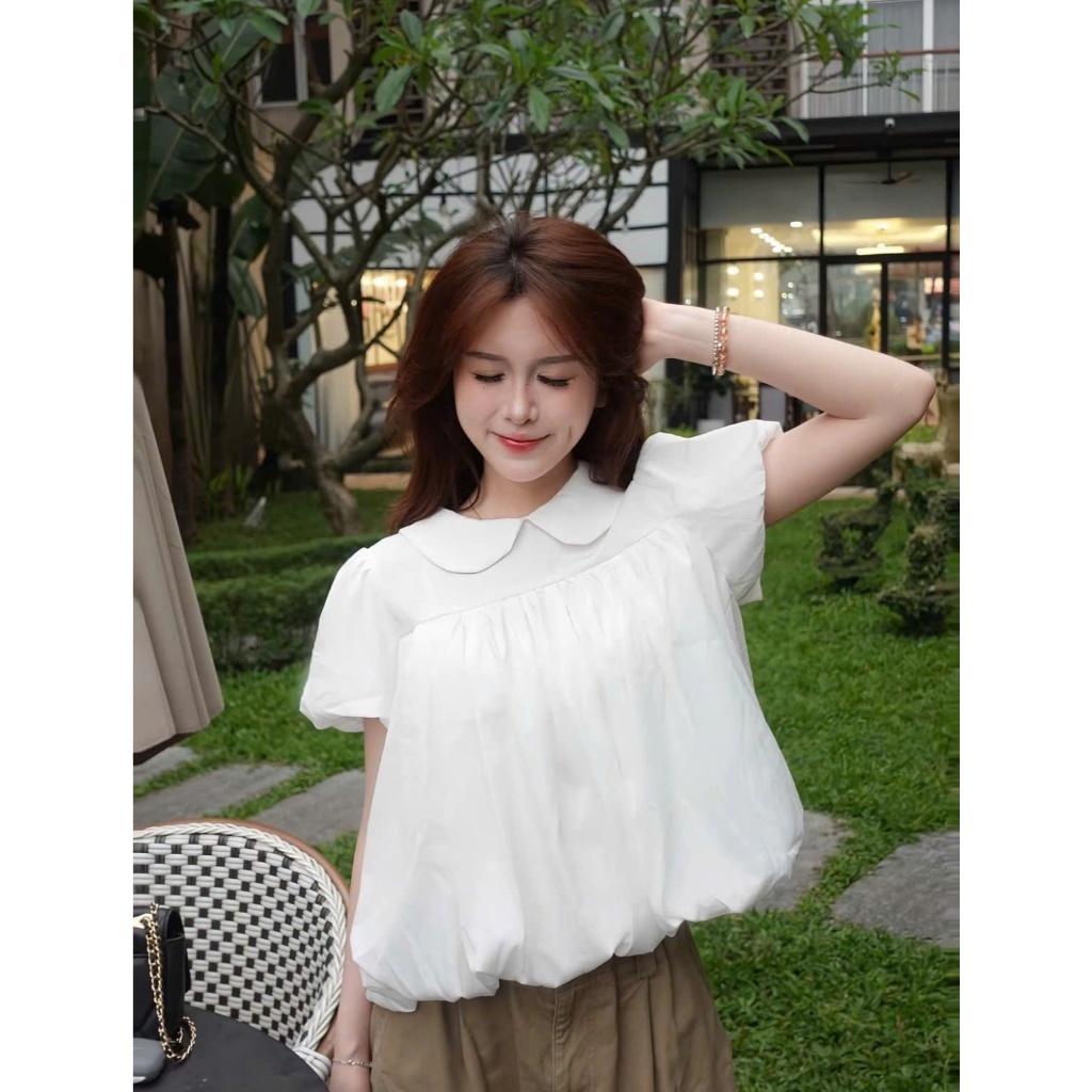 [CHE KHUYẾT ĐIỂM TAY/EO] Áo Cổ Sen Nữ Tay Ngắn Thanh Lịch, Áo Babydoll Cổ Bèo Vintage Dễ Phối Đồ, Chất Liệu Mềm Mát