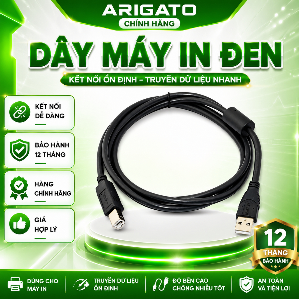 Dây Máy In USB 1.5M 3M 5M Màu Đen Kết Nối Máy In Với Laptop PC Tốc Độ Ổn Định Giá Tốt