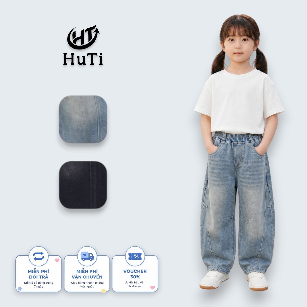 Quần Jean Ống Bí HuTi Kids - Quần Bò Ống Phồng Dáng Bom Cực Chất Cho Bé Trai Bé Gái (10-38kg)