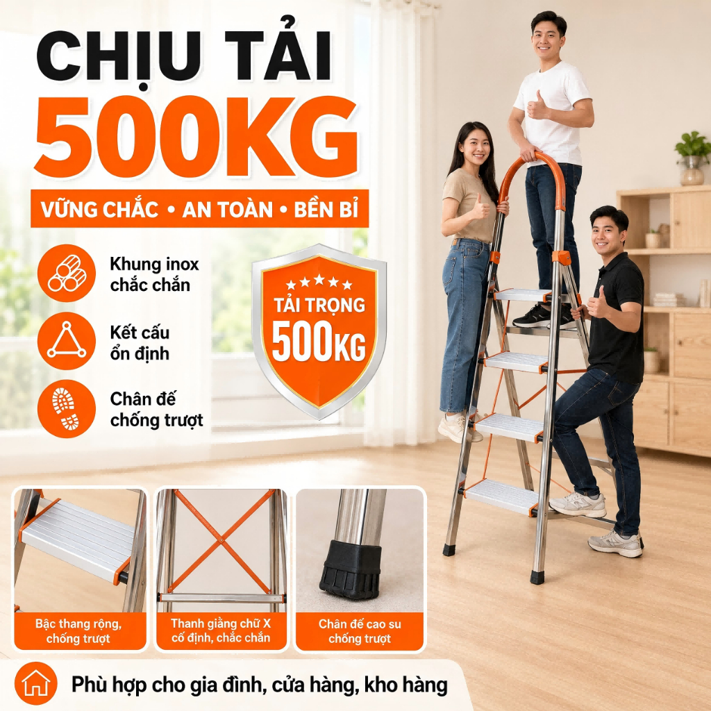 Thang inox chữ A gấp gọn chịu tải 500kg bậc thang to rộng chống trượt an toàn tiện lợi dùng cho gia đình và văn phòng