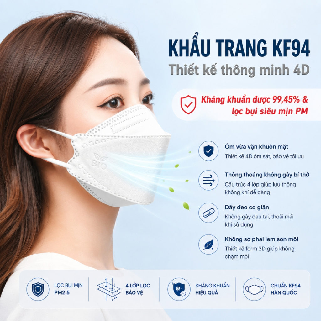 COMBO 50 CHIẾC KHẨU TRANG KF94  Mask chốnBIO bụi mịn cao cấp Hàn Quốc