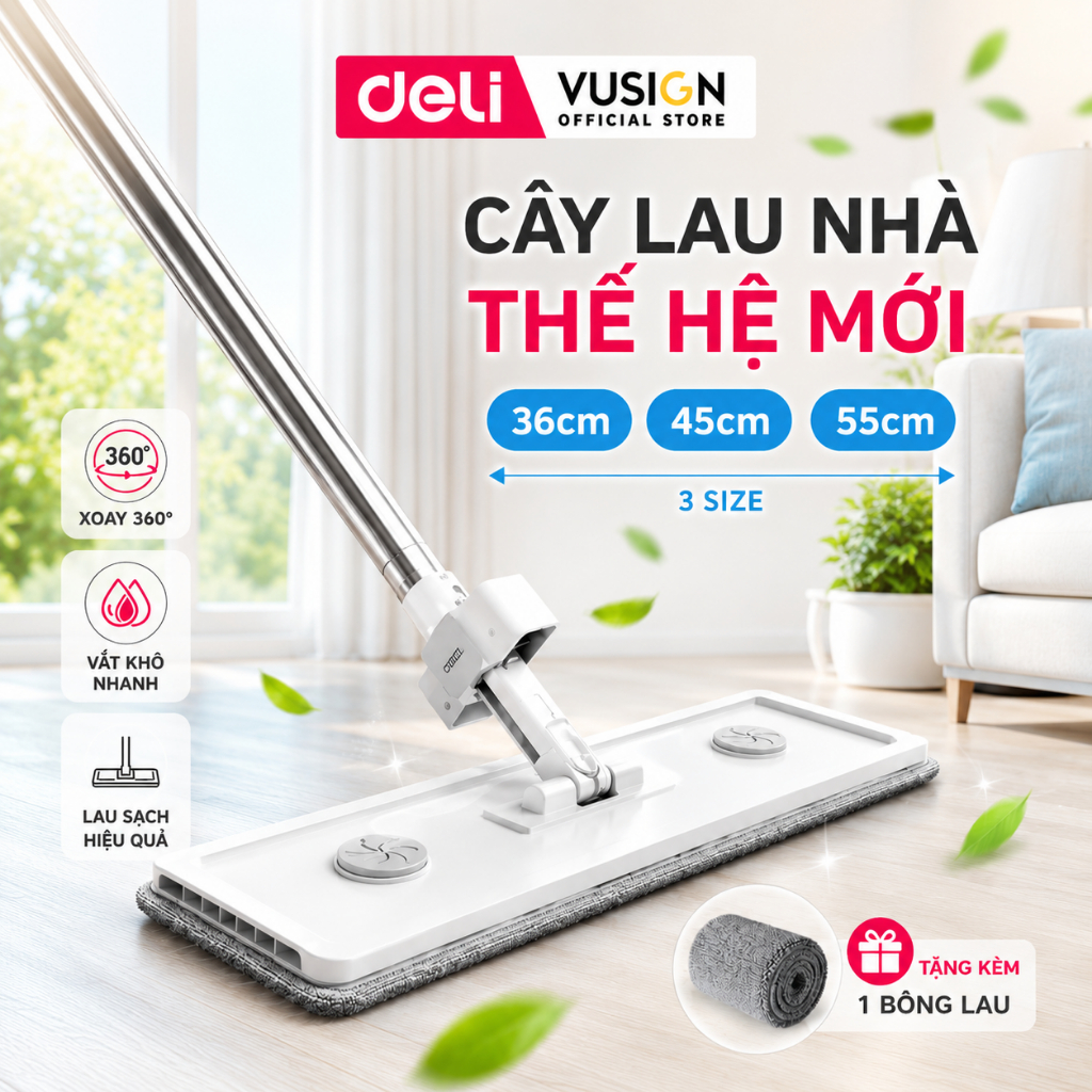 [DEAL MỞ BÁN] Cây Lau Nhà Thông Minh Tự Vắt Deli Vusign  Đầu Xoay 360 Độ Linh Hoạt KÈM BÔNG, Lau Siêu Sạch