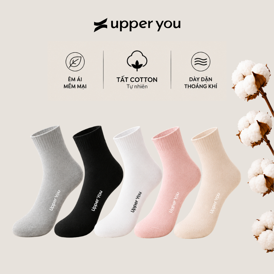 [Combo 5] Tất Vớ Cotton Nữ UPPER YOU Cổ Trung Êm Ái Dày Dặn Thoáng Khí Khử Mùi - BSF3001