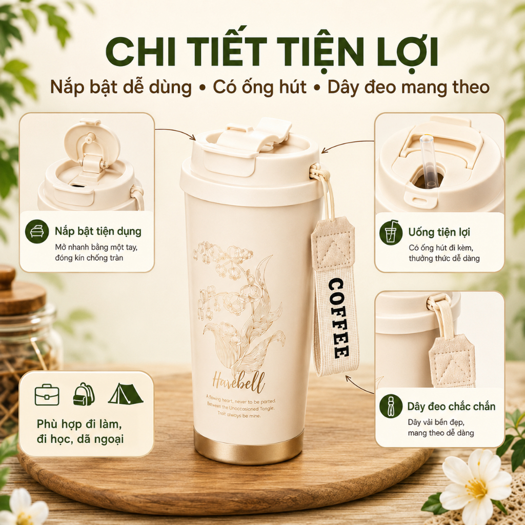 Ly Giữ Nhiệt Inox 316 500ml Có Ống Hút Và Dây Đeo｜Giữ Nóng Giữ Lạnh｜Nắp Chống Tràn