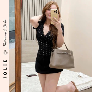 Áo Kiểu Cổ Chữ V Phối Viền Ren Chấm Bi Phom Ôm Co Giãn Cao Cấp Jolie