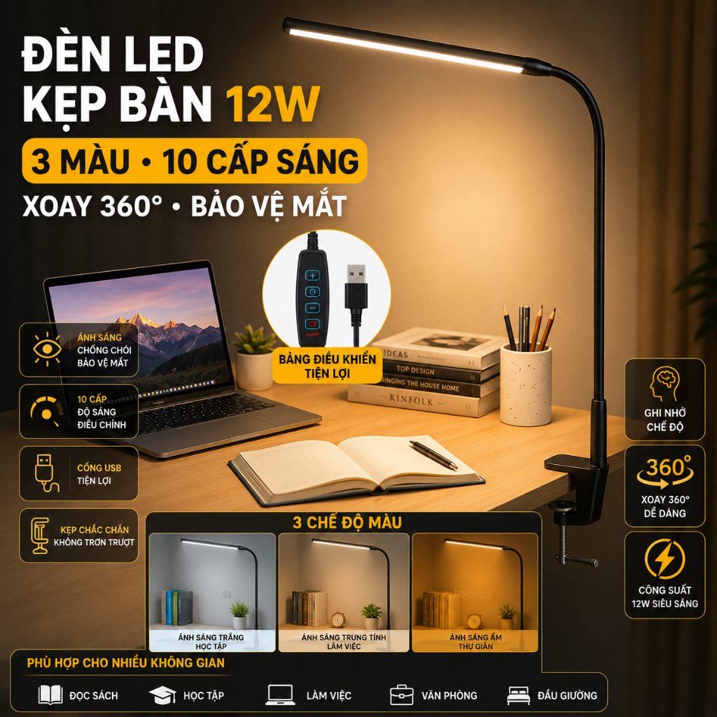 Đèn Bàn LED Kẹp Bàn 12W, 3 Màu Ánh Sáng,10 Cấp Độ Sáng, Xoay 360°,Bảo Vệ Mắt Cho Học Tập Và Làm Việc