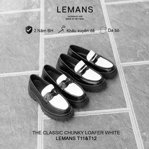 Giày nam Chunky PENNY LOAFER Black White LEMANS T12.2 - đế cao su tăng cao 5cm, Da bò, BH 12T
